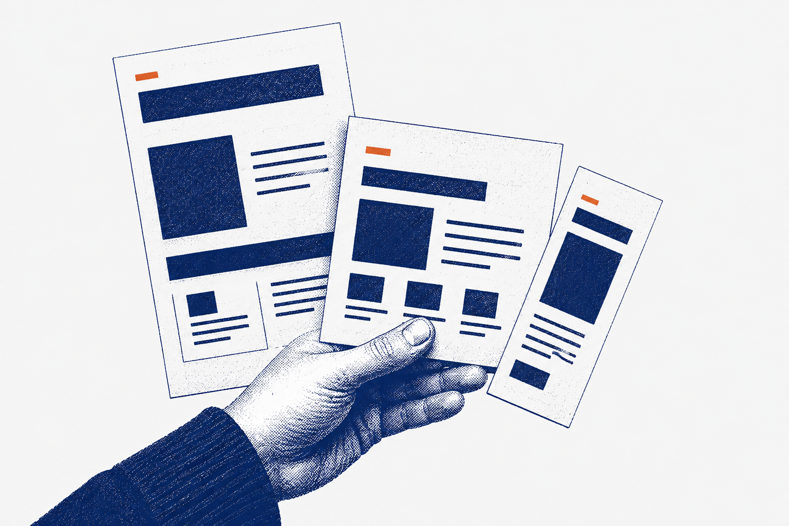 Editorial illustration of a hand arranging related print and digital layouts, showing consistency across formats