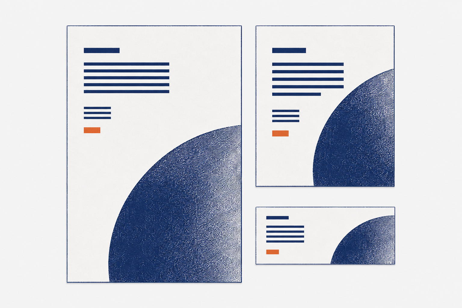 Conceptual editorial illustration of coordinated flyer, social-post and type specimens, with a shared orange module showing how one brand rule adapts across formats