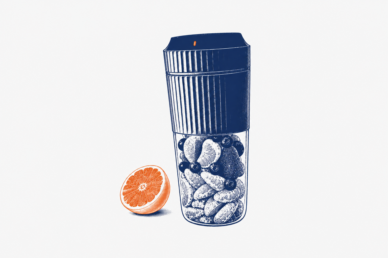Editorial illustration of the complete JuiceCup portable blender and a citrus slice, in navy halftone with small orange accents