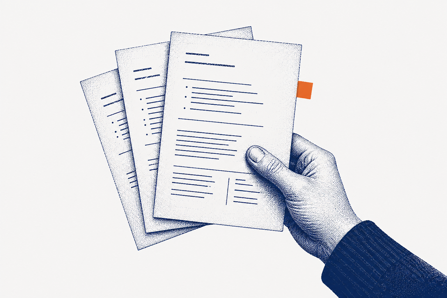 Editorial illustration of a hand comparing interview pages, with an orange tab marking material for analysis