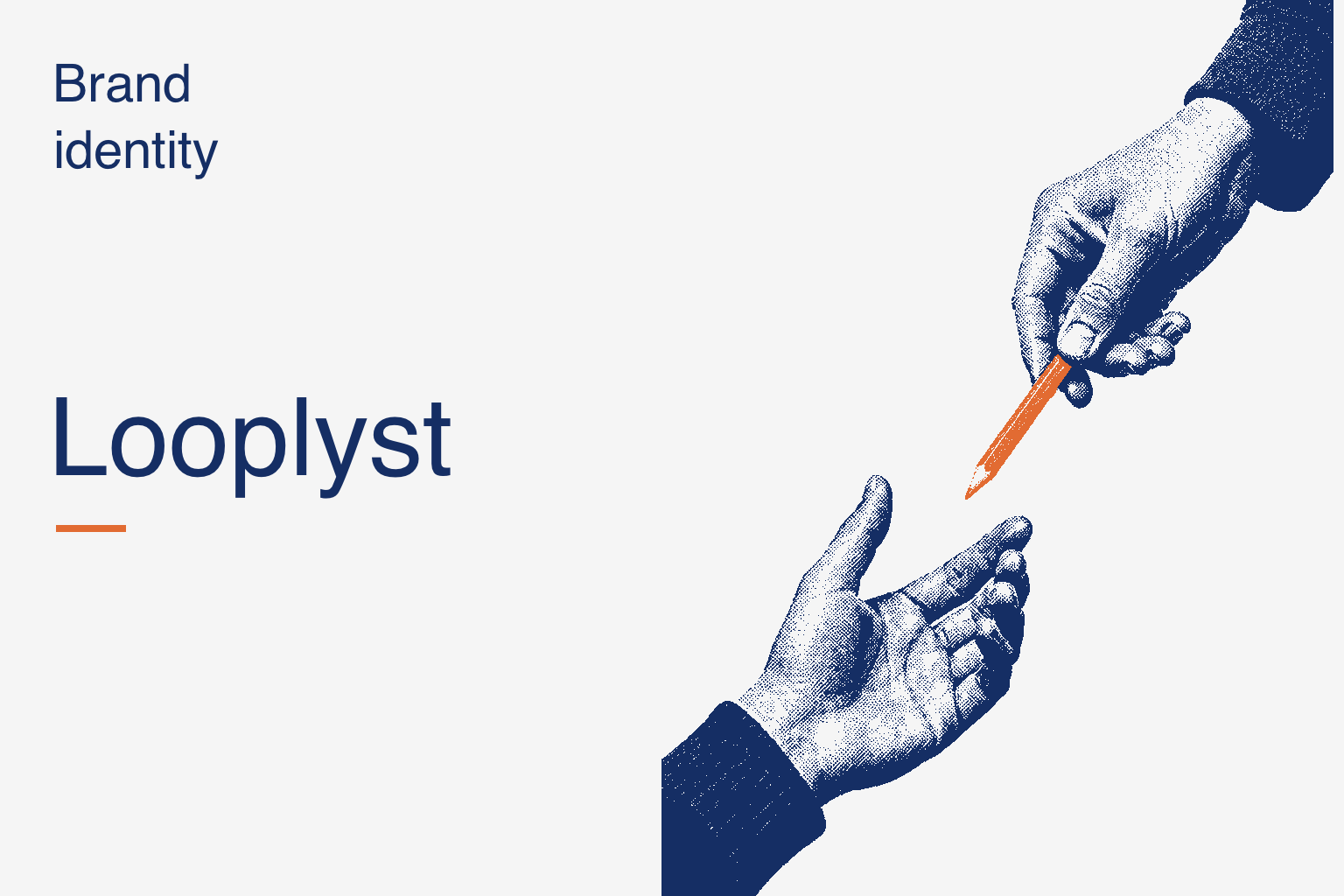Editorial cover for Looplyst showing navy halftone hands exchanging an orange pencil, representing skill exchange