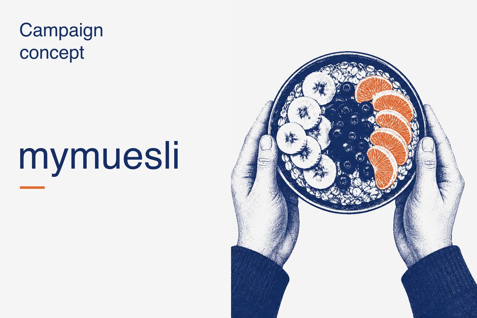 Editorial cover for mymuesli showing two navy halftone hands holding a cereal bowl with orange citrus slices