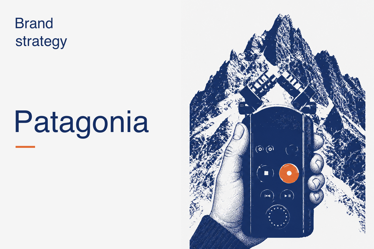 Editorial cover for Patagonia showing a navy halftone hand holding a recorder with an orange record button against a mountain ridge